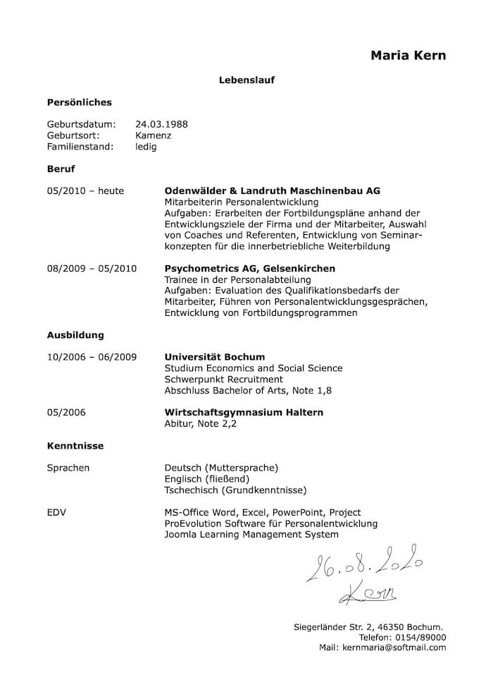 CV allemand daté et signé